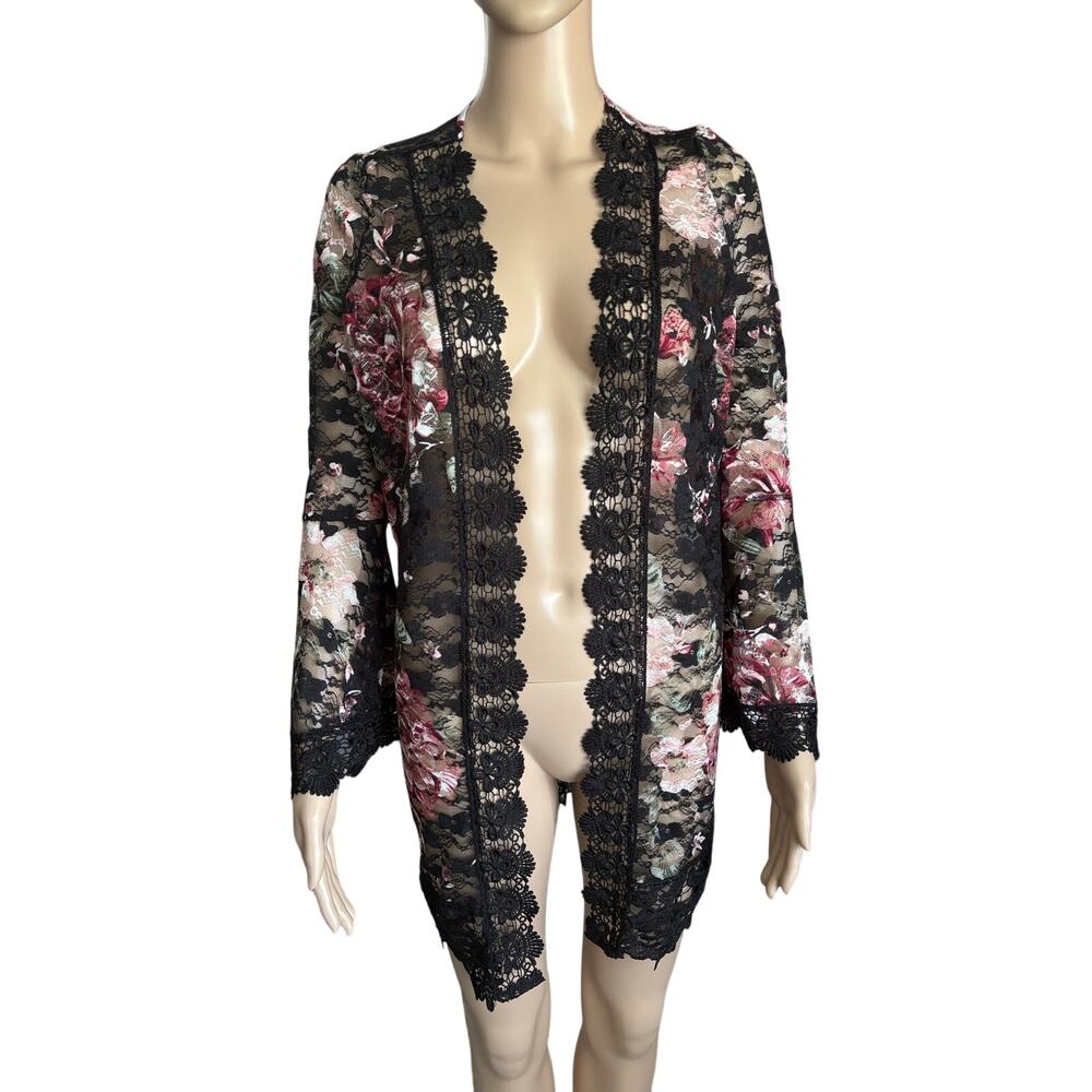 Whimsigoth Floral Lace Kimono Cardigan Sheer Boho Fairycore Duster Cover Up S